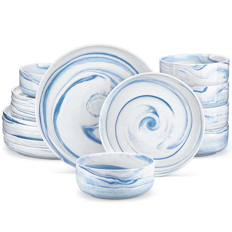 18-Piece Porcelain China Dinnerware Set - Service for 6, Blue/White