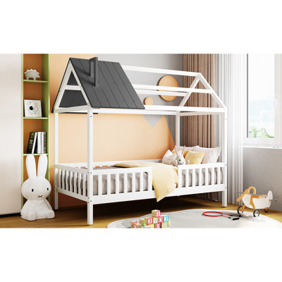 Blanc, gris, lit simple, clôture et toit, matériau en pin, idéal pour la maison en bois Dreamy Sleep, taille, couleur, cheminée, confortable