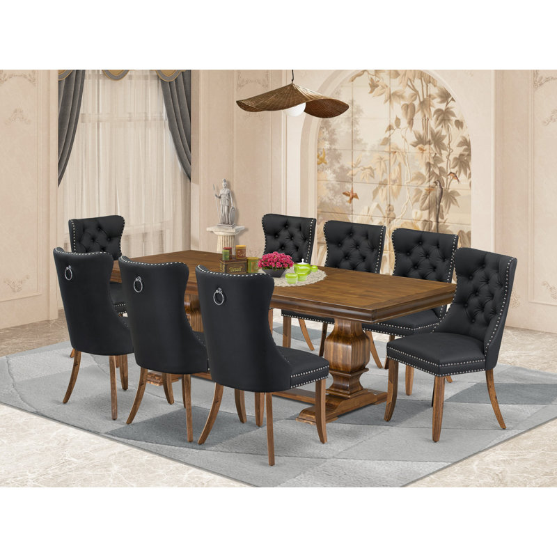 L'ensemble de table de salle à manger 9 pièces Mid-Century comprend une table de cuisine et 8 chaises de salle à manger en polyester gris foncé avec dossier capitonné - Finition noyer antique