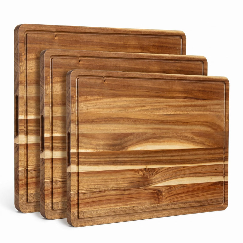 Ensemble de 3 planches à découper en bois d'acacia, planches à découper épaisses réversibles avec rainure à jus et poignées - Grand bloc de boucher pour planches à viande, légumes et charcuteries