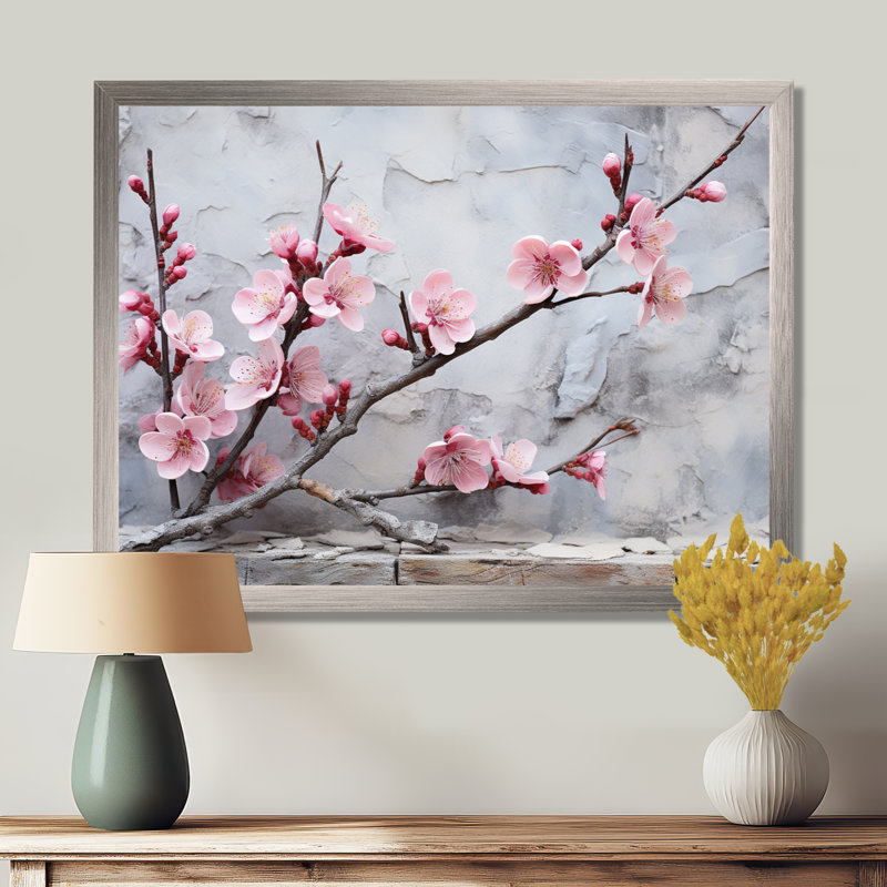 Fleurs de cerisier rose fin de l'hiver - art mural cerisier en fleurs, Cadre de coin argenté fermé