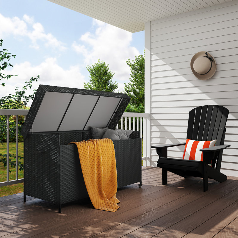 Latitude Run 153cm W 627L Wicker Deck Box with Wheels in Black