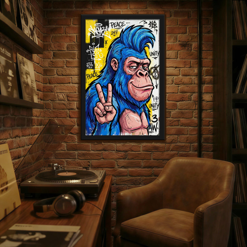 Animaux, singe bleu, signe de paix, impression sur toile Graffiti, H 18 po x l 12 po