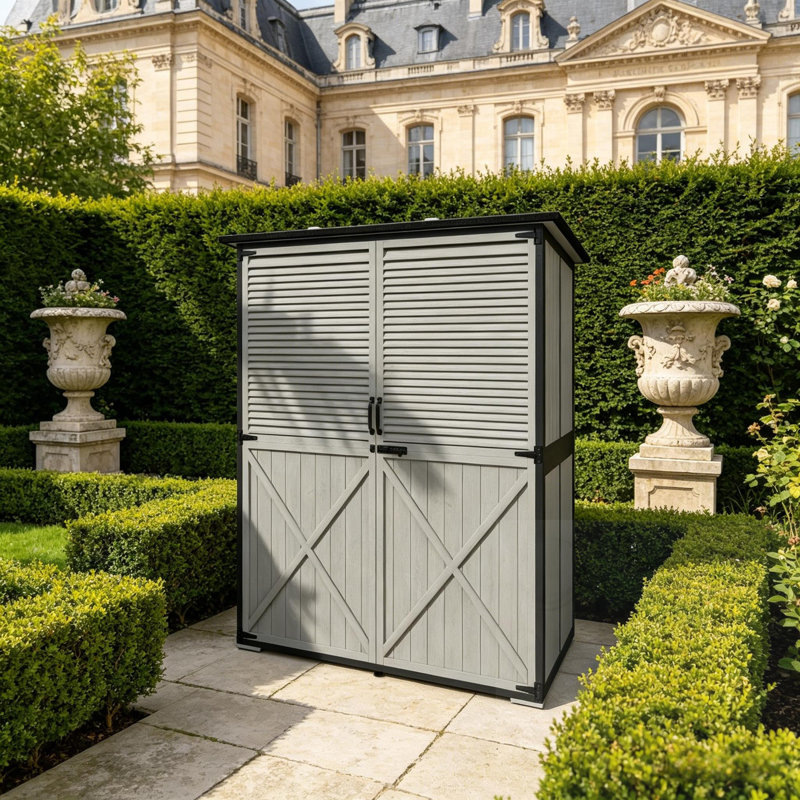 Outdoor Wooden Shed with Shelf, Gray