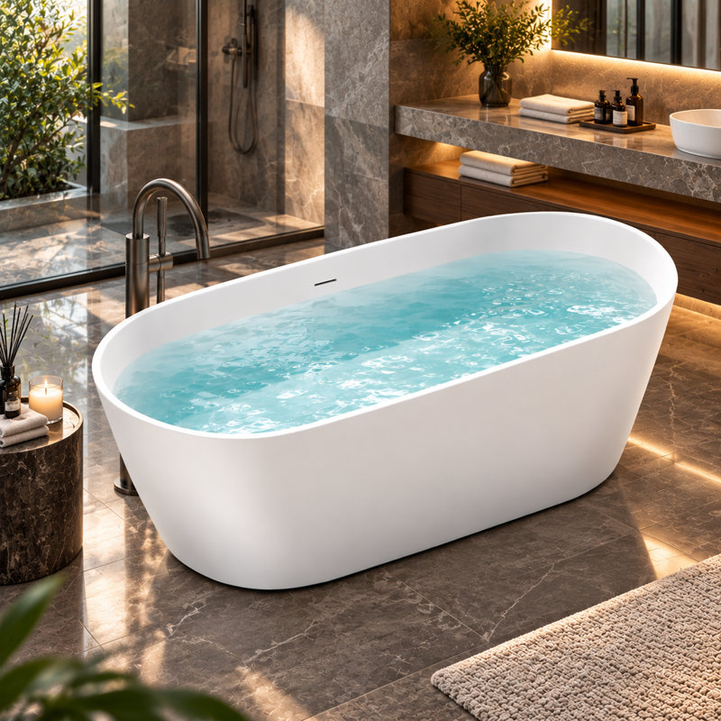 Baignoire de trempage autoportante à surface solide de 59 pouces KAKUSIGA pour salle de bain