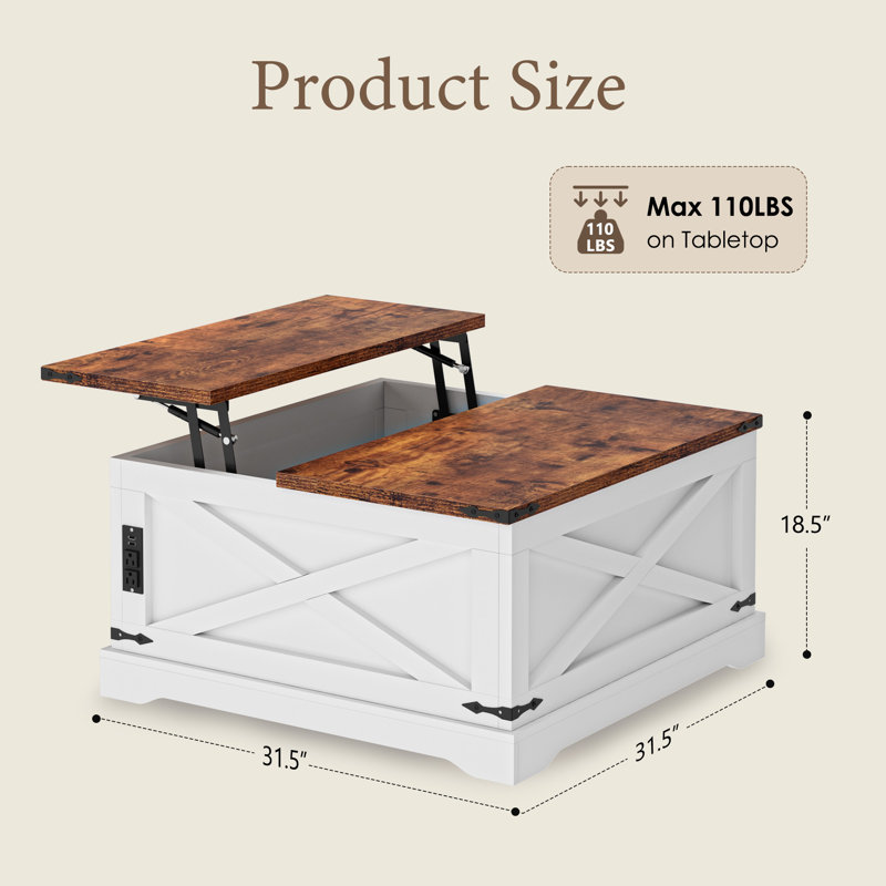 Pelaga Multi-functional Lifting Dining Table Coffee Table, 18.5"H x 31.5"L x 31.5"W