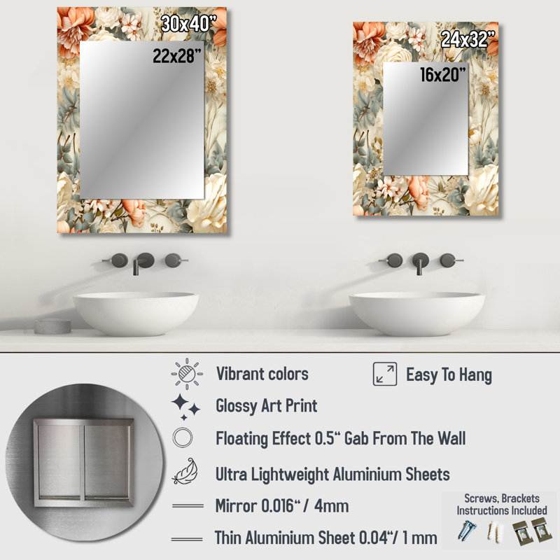Ahanna beige rétro Countryhouse Flower Harmony - miroir décoratif patchwork, grand miroir mural patchwork, impression d'art en métal