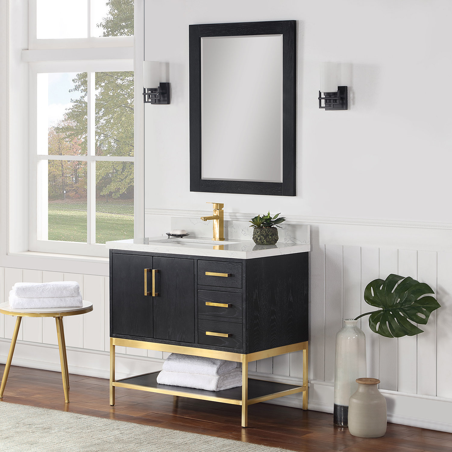 Blanche 36" Single Bathroom Vanity Set With Grain White Composite Stone Countertop With Mirror, Black, Gold