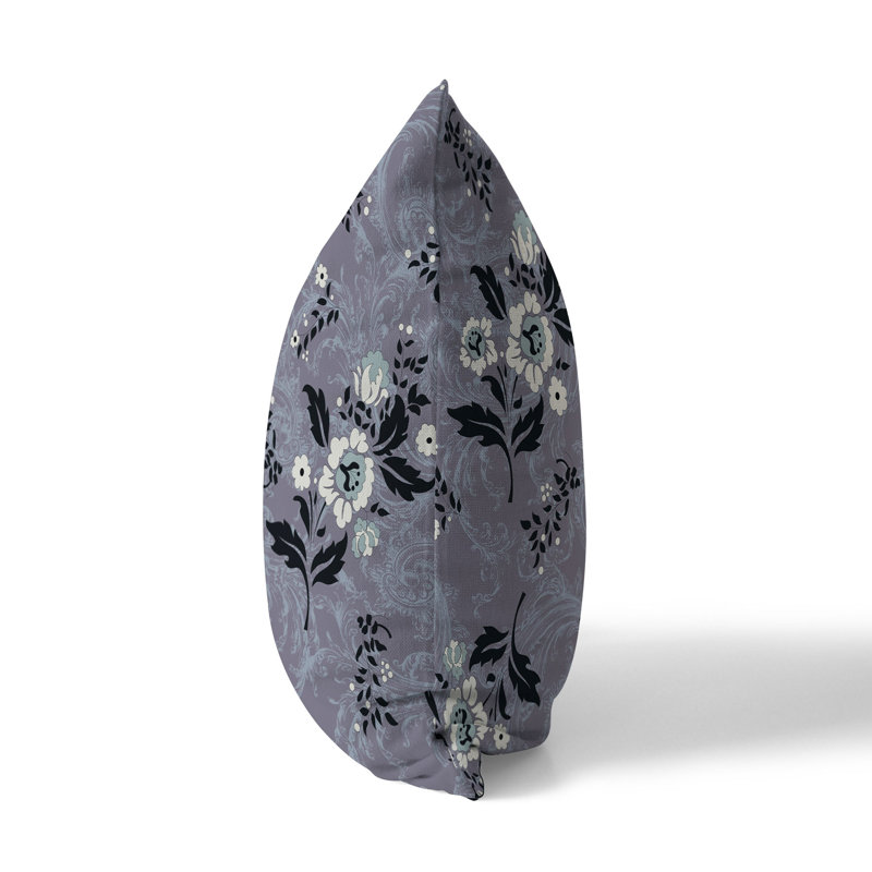 Gray and Black Floral Faux Suede Square Throw Pillow