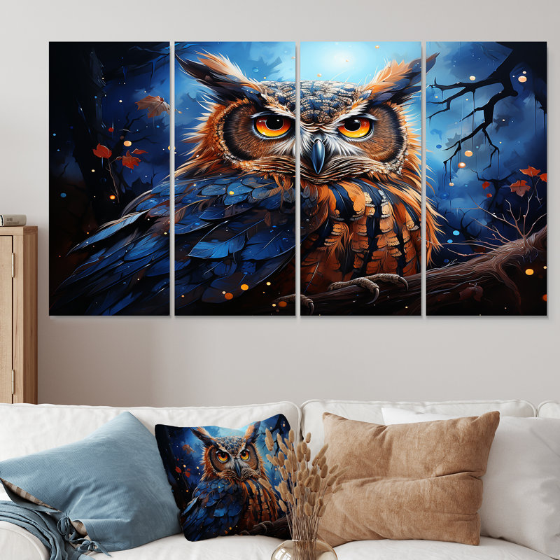 Mystic Owl In The Moonlight - Art mural 4 pièces pour salon, H 28 po x l 48 po