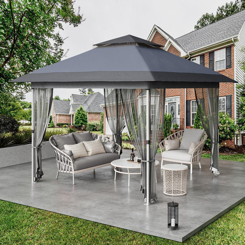 11x11ft Heavy Duty Portable Gazebo Canopy Tent with Curtains, 2-Tier Vented Roof & Mosquito Netting – Large Outdoor Patio Shade Shelter, Wheeled Bag– 9C Dark Gray + Light Gray, 3.0x3.0M