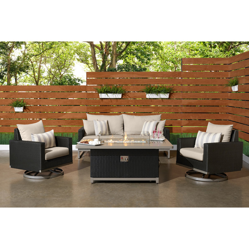 Milo Motion 4 Piece Rattan Sunbrella Sofa Set with Cushions, Canvas Jockey Red Sunbrella® Canvas, Brown