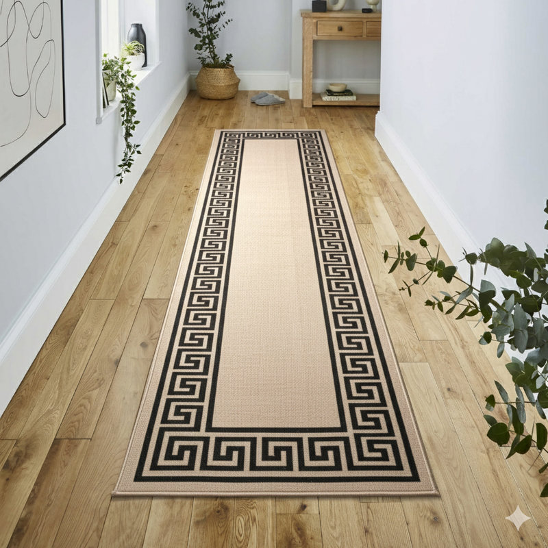 Greek-Key Beige Black Non-Slip Polypropylene Area Rug — Washable Door Mat & Hallway Runner for Living Room, Kitchen & Bedroom