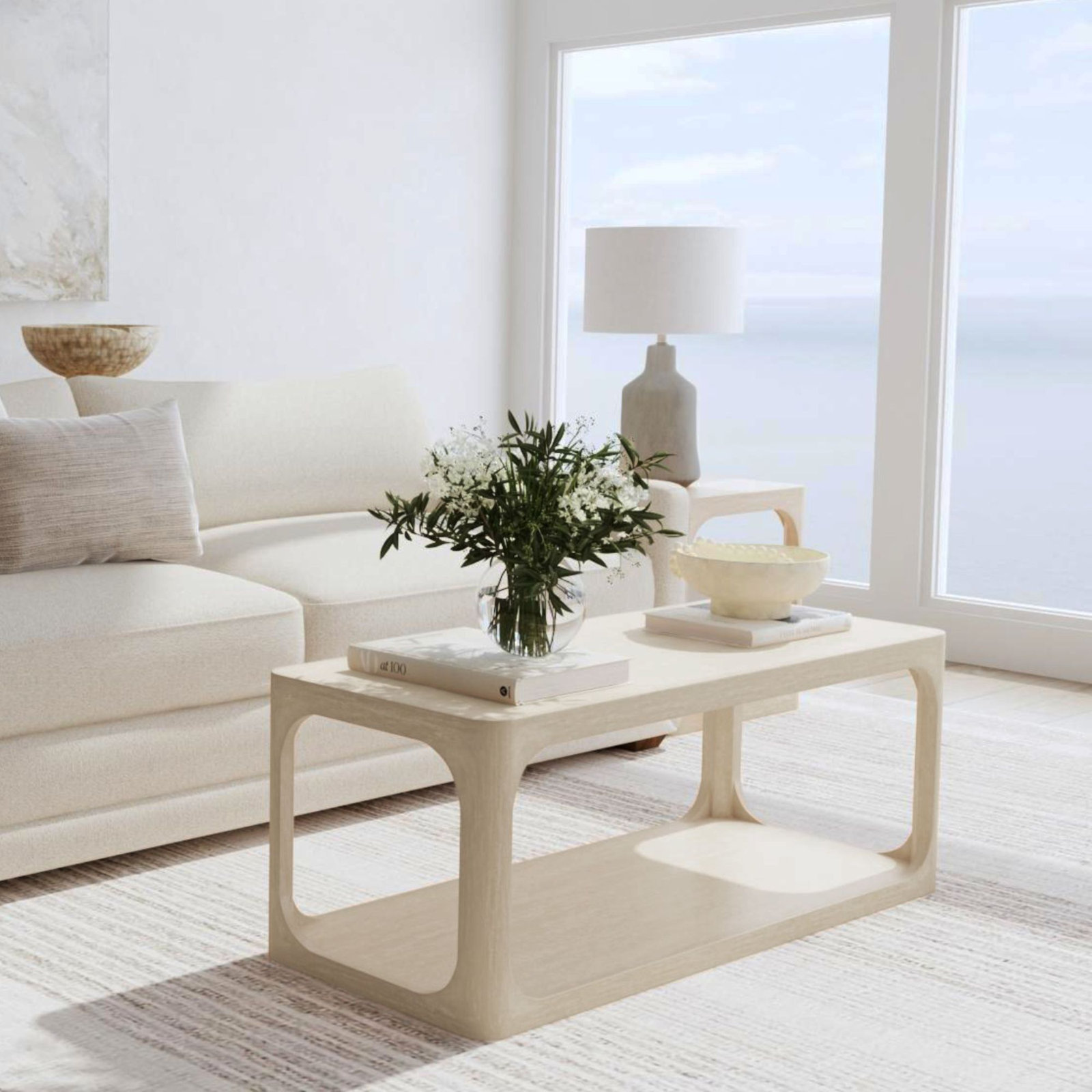 Sybil Solid Wood Coffee Table, Beige, 18" H x 47" W x 28" D