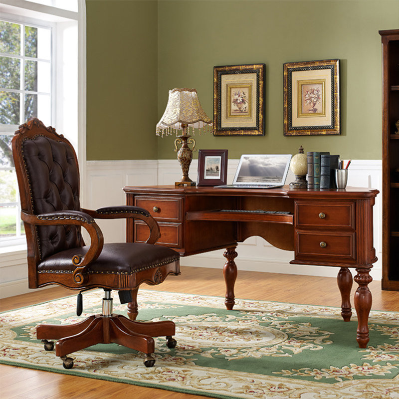 Bureau de direction semi-circulaire 59,84 po en bois massif brun rétro avec pieds en cabriole sculptés classiques et plateau courbé.