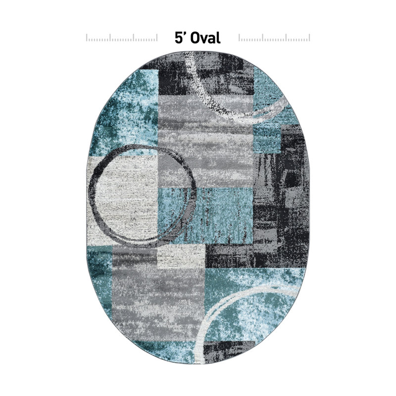 Tapis moderne performance gris, ivoire et bleu à motif abstrait Fanton, Bleu/gris, Ovale 5 pi x7 pi