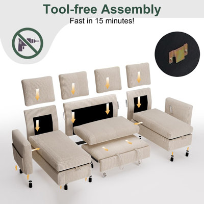 Sectional Sleeper Sofa Bed With Pull Out, Reclining Backrest, Reversible Storage Chaise, Usb Ports, Tool - Free Assembly-Cwcsar