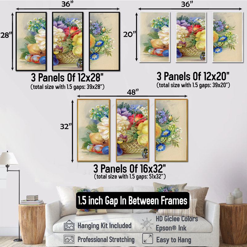 Bouquet de fleurs et de fruits - ensemble de 3 toiles encadrées florales, H 32 po x l 48 po x P 1 po, Cadre noir