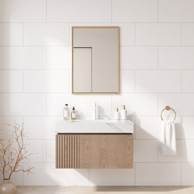 Meuble-lavabo mural 30 po en contreplaqué brun clair avec fermeture en douceur, tiroir en forme de U, porte, lavabo en céramique de Carrare blanc, sans robinet, un trou, pré-assemblé