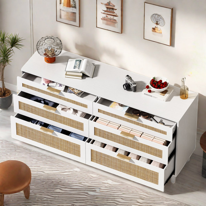 Rattan Dresser With Drawers, 6 Drawer Dresser For Bedroom, Clothes Storage Cabinet For Bedroom, Metal Handle&Wood Legs For Hallway, Living Room, Bedroom