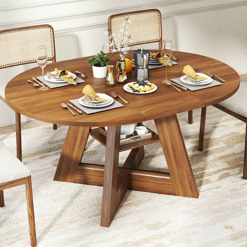 43.3in-59in Extendable Dining Table For 4-6, Round Kitchen Dining Room Table With Removable Leaves, Cross Base And Storage Shelf