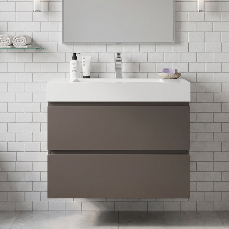 Grand meuble-lavabo mural flottant de 30 po avec évier mural Gary Tiroirs à fermeture silencieuse ｜ Lavabo blanc sans drain et robinet ｜ Pré-assemblé