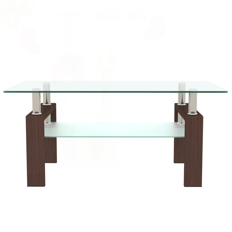 2-Layer Rectangular Glass Coffee Table with Iron Frame, Transparent / Walnut