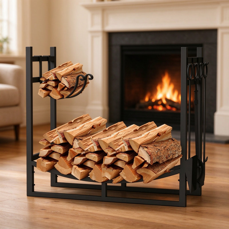 Black Large Wide Firewood Log Stand, Heavy-Duty Log Storage Rack with Removable Kindling Holder and 4-Piece Fireplace Tool Set, Indoor & Outdoor Fireside Organiser