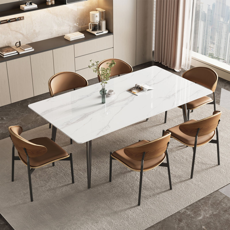 63" Rectangular Porcelain Sintered Stone Dining Bench Table with Black Tapered Steel Legs - Table Only