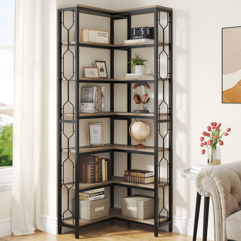 Amyri 200cm H x 60cm W Steel Corner Bookcase, Grey/Black