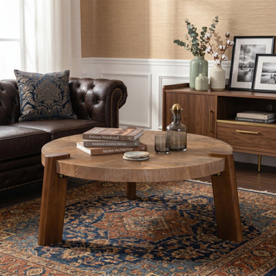 Table basse ronde à chevrons de 36,61 po, bois massif et panneau de fibres à densité moyenne, finition en bois vieilli rustique, pieds fuselés, pour le salon
