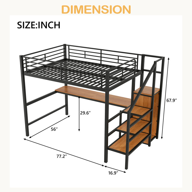 Lit mezzanine double en métal avec bureau, escalier de rangement, petite armoire et lumière DEL, Noir