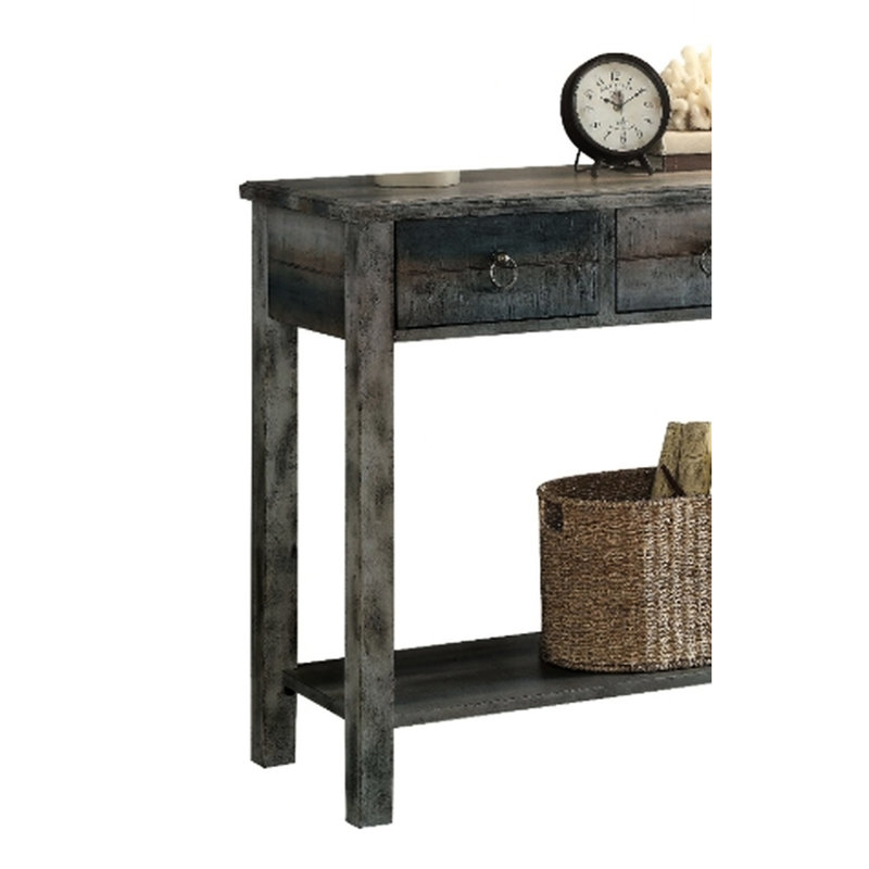 Console gris antique et bleu sarcelle, plateau rectangulaire en bois avec deux tiroirs et espace de rangement ouvert, poids de la table de 70 lb, tiroir en bois synthétique rustique de 40 lb, 15,58 po P, l 41,37, H 32,41, 2