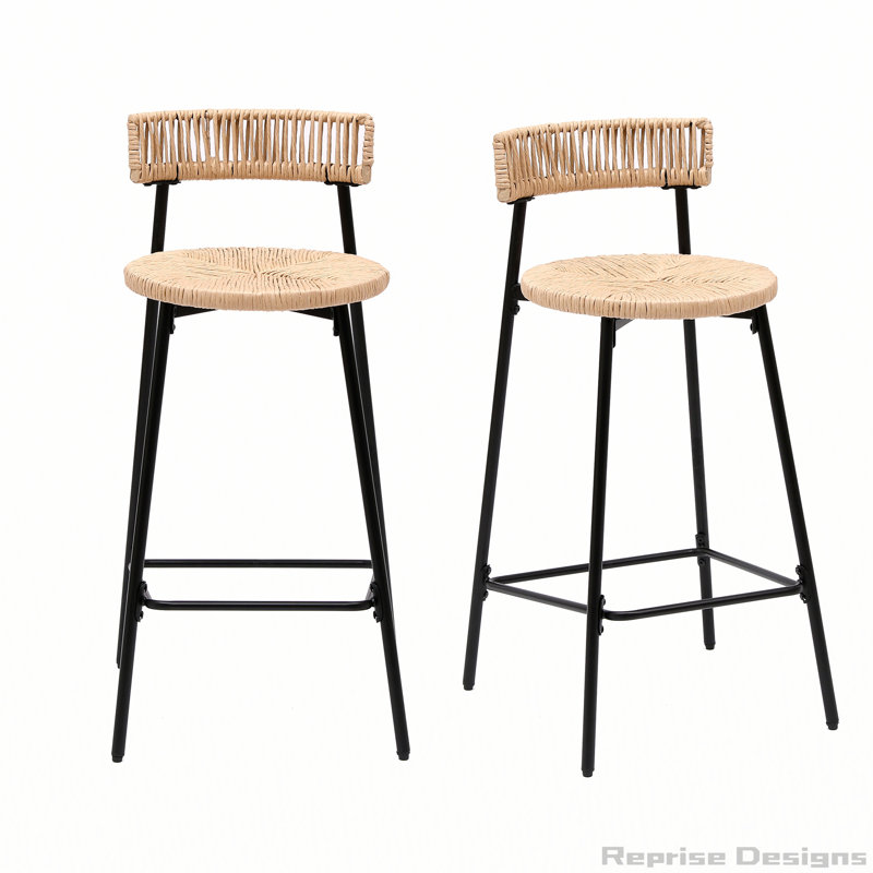 Paper Rope Round Bar Stools with Back Set of 2, Honey