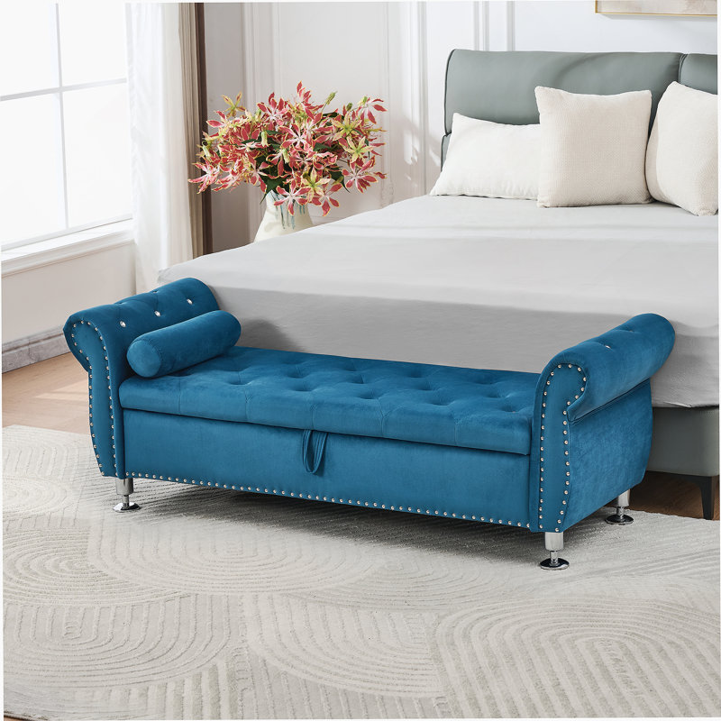 62.2 Inch Soft Velvet Storage Bench With Crystal Buttons And 1 Pillow, For Bedroom And Living Room,(Blue), Blue