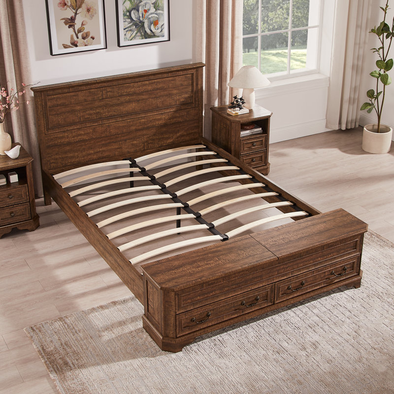 Farmhouse Queen Bed With 64" Tall Storage Headboard With 4 Drawers And Storage Bench，Rustic Wood Platform Bed Frame, Brown