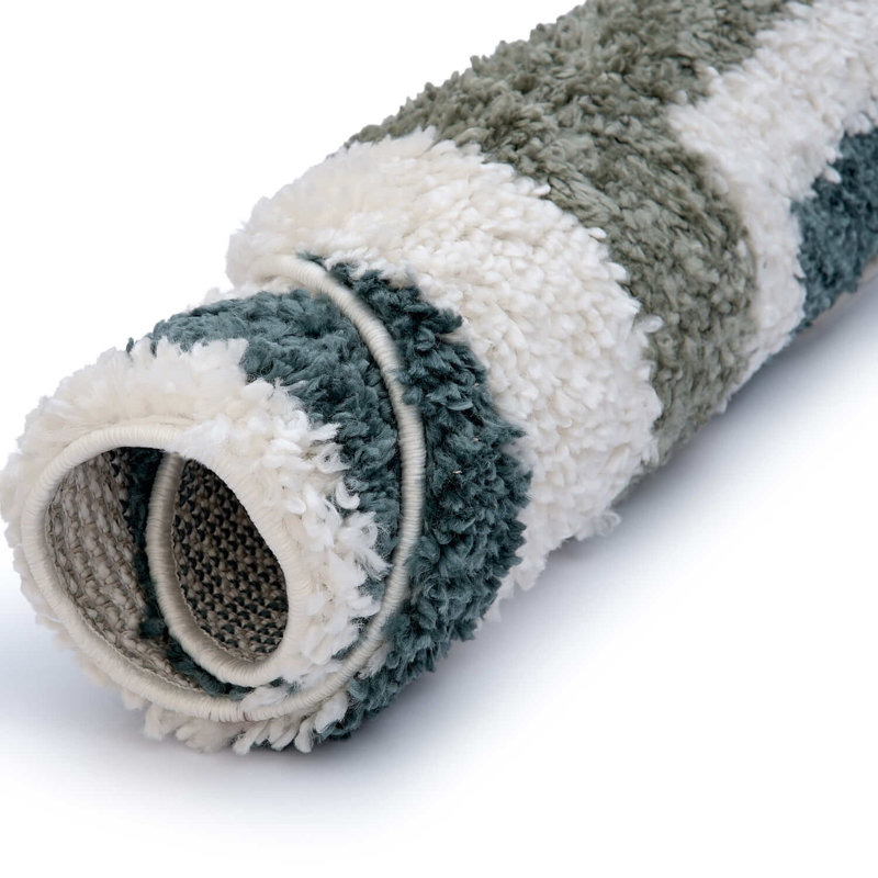 Moodi Modern Shaggy Area Rug Geometric Border Design, Round 120 cm, Off-White/Green