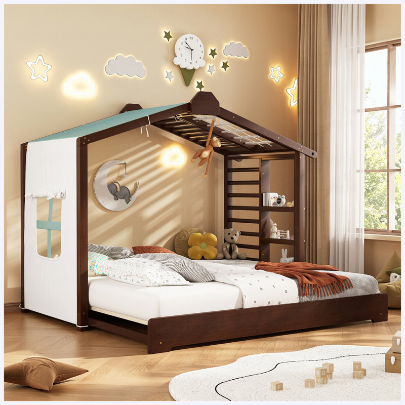Lit simple pour enfant en forme de maison avec couchette et tablettes de rangement latérales, espresso