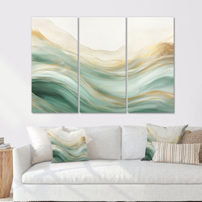 Gold And Green Soft Wave Fusion I - Abstract Shapes Canvas Wall Art Set