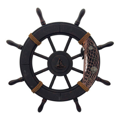 Décoration murale roue de bateau avec filet de pêche et voilier