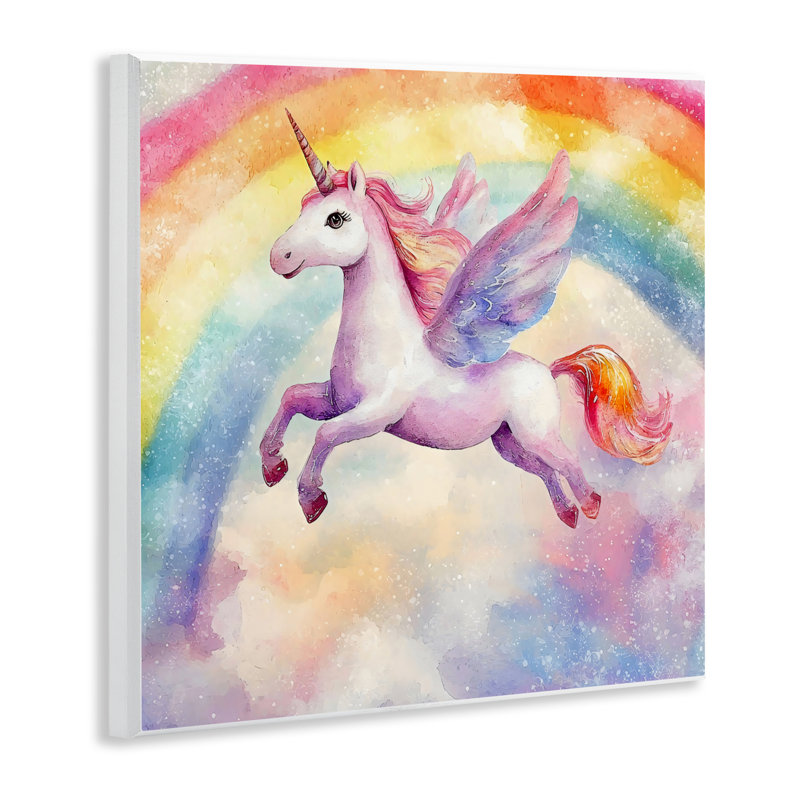 Plaque murale licorne volante dans un ciel arc-en-ciel, design by Creative Studio