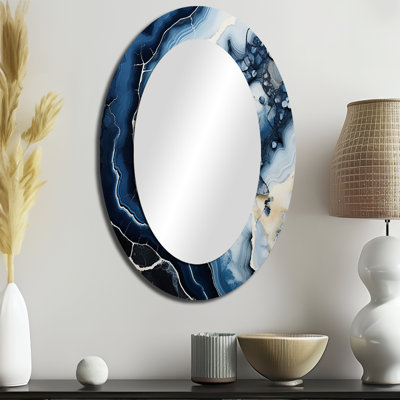 Peinture de géode bleue en pierre - grand miroir mural ovale sur métal