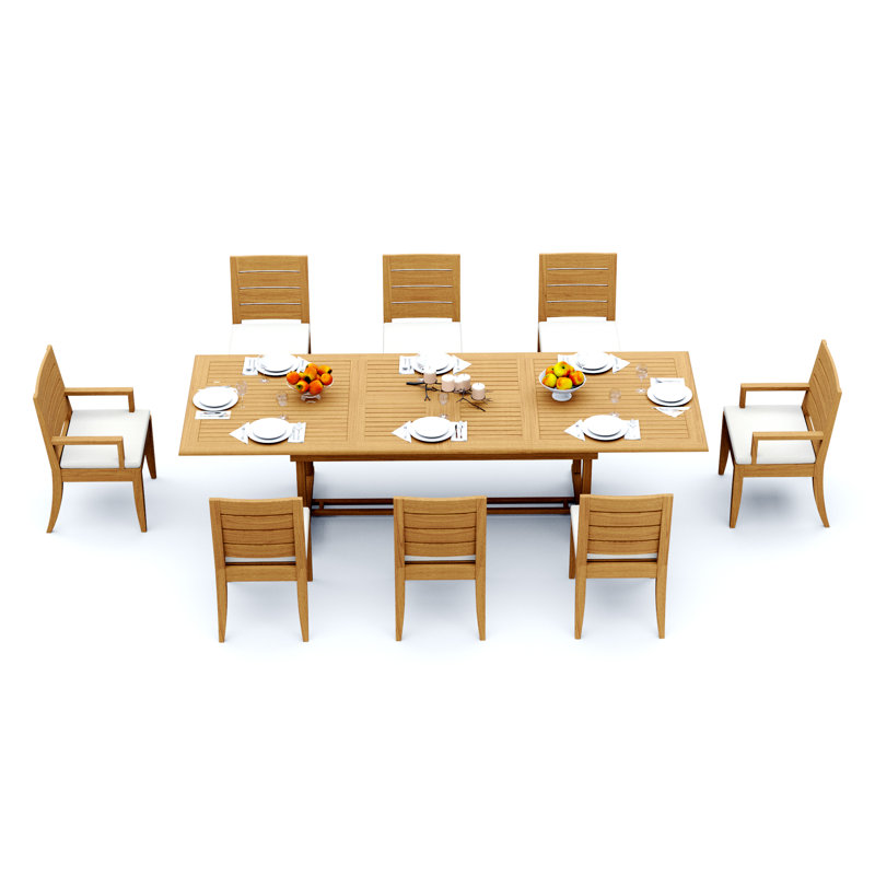 6 Seats 7 Pcs Grade-A Teak Wood Dining Set: 94" Double Extension Mas Rectangle Trestle Leg  Table And 6 Atnas  Chairs (2 Arm & 4 Armless Chairs) #11AT2102