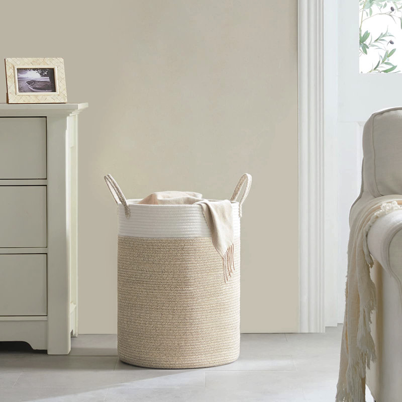 Fabric Laundry Basket with Handles, White/Brown