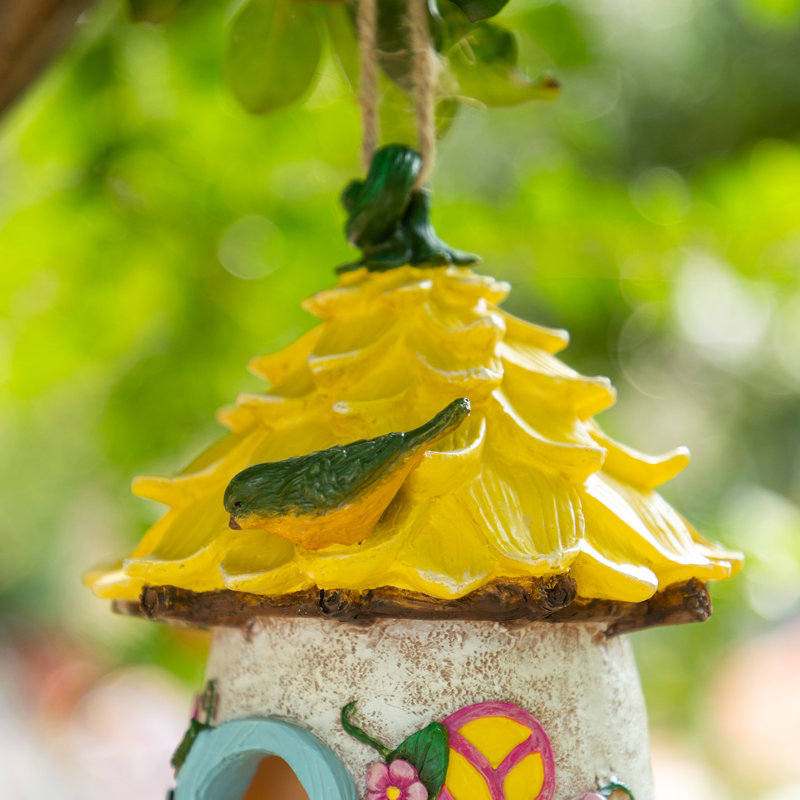 9"H Garden Resin Birdhouse with Roof,Yellow, Yellow