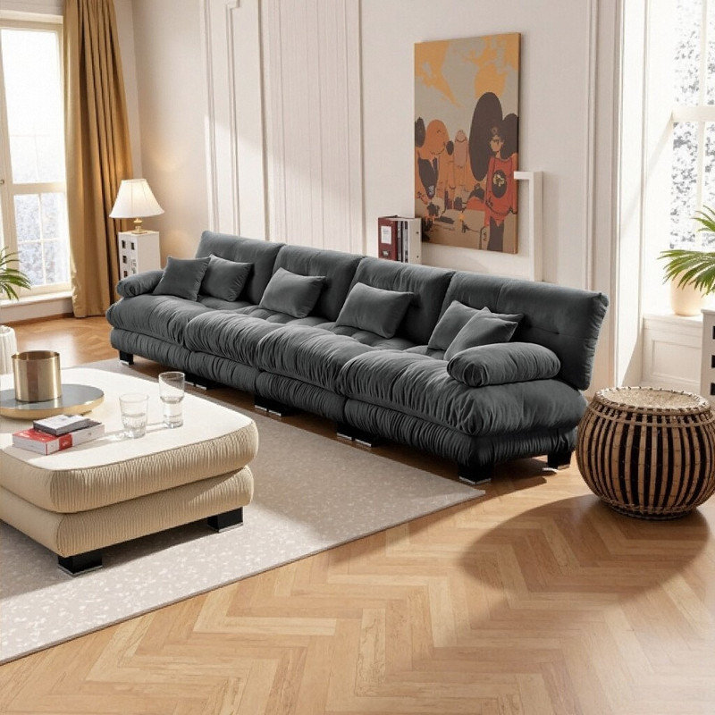 Canapé modulaire 4 places avec accoudoirs traversins, canapé en chenille, Gris