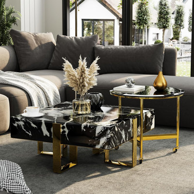 31.8 Inch Faux Marble Coffee Table With Polished Base