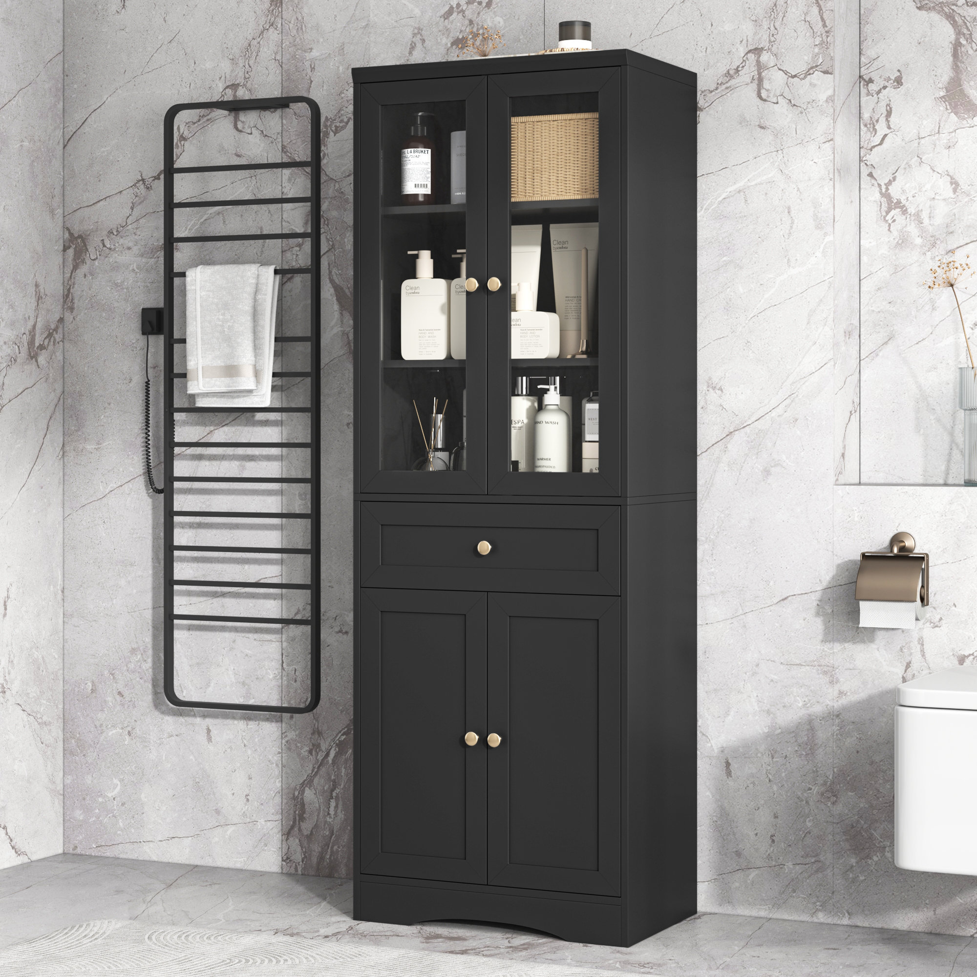 Red Barrel Studio Sleek Black Bathroom Storage Cabinet With Adjustable Shelves And Safety ...