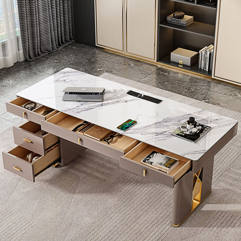 Bureau beige rectangulaire en pierre frittée, 5 tiroirs en bois massif, H 29,53 po x l 62,99 po x P 27,56 po