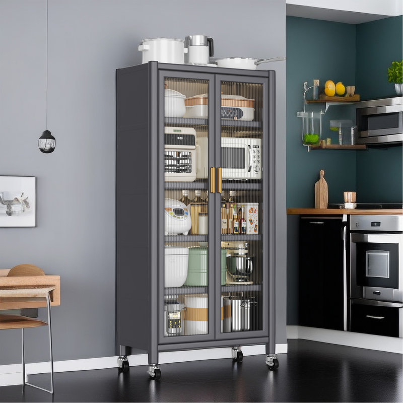 Open-Door Kitchen Shelving Floor-To-Ceiling Multilevel Household Microwave Storage Cabinet Bowls Side Cabinets Cabinets Storage Cabinets Grey Color